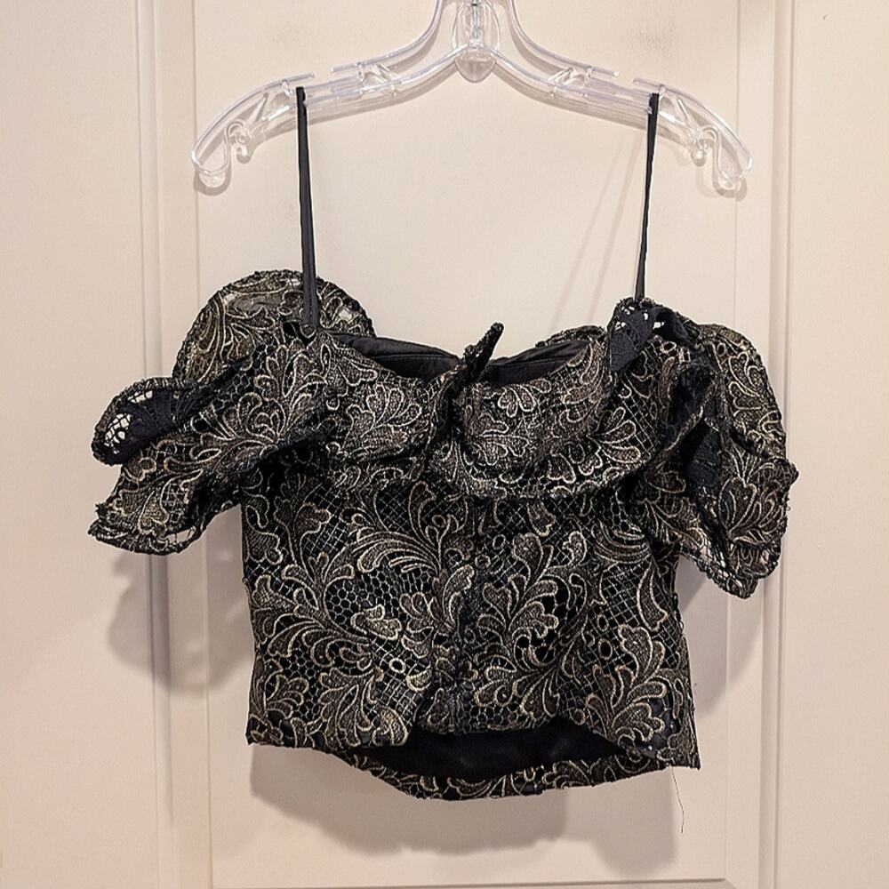 Ungaro Elegant Black & Gold Lace Off-Shoulder Corset Crop Top Small